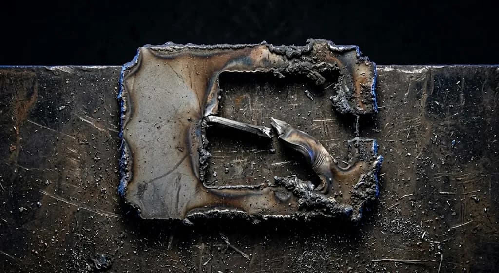 A failed plasma cut with broken bridges, slag and burn marks