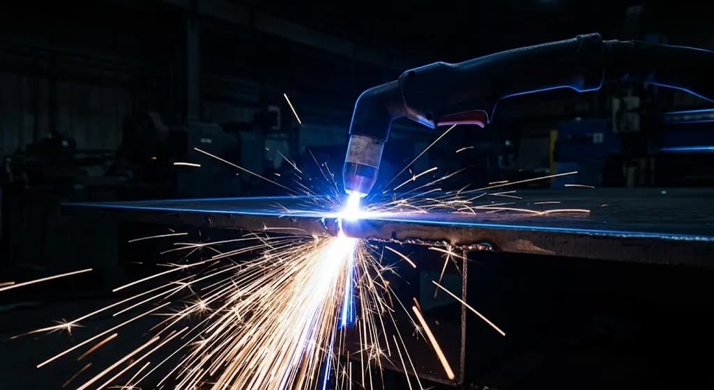 Plasma cutting fast with bright spark light streaks