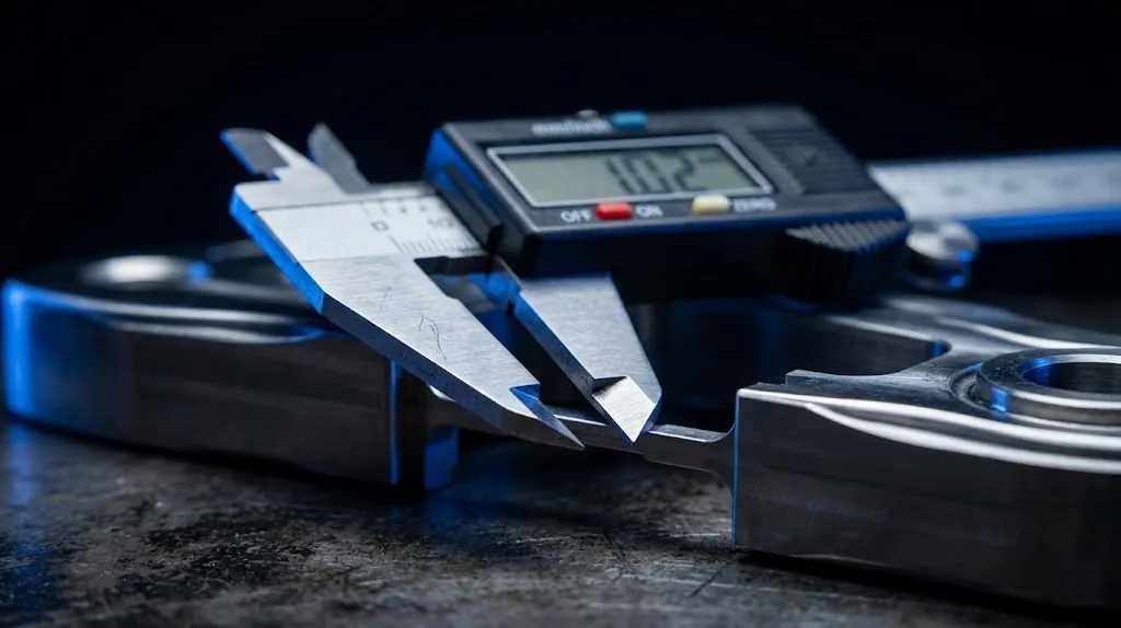 A caliper measuring a precise metal bridge