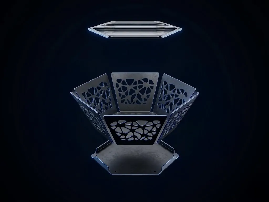 Exploded view of a multi-piece steel fire pit